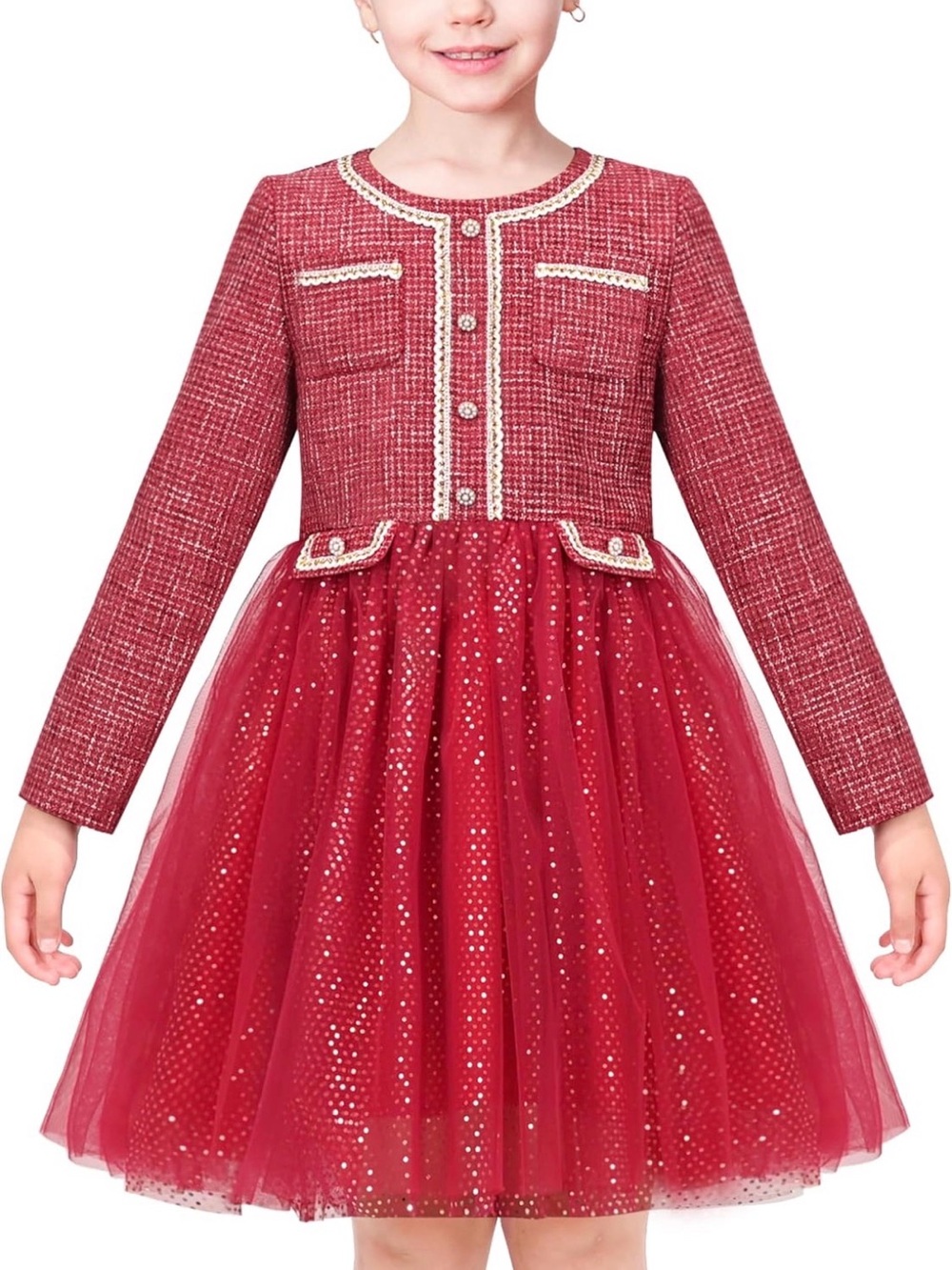 Girls Red Tweed & Tulle Sparkle Party Dress - Picture 2 of 5